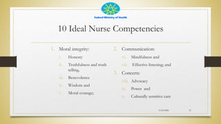 Federal Ministry of Health
10 Ideal Nurse Competencies
1. Moral integrity:
i. Honesty
ii. Truthfulness and truth
telling,
iii. Benevolence
iv. Wisdom and
v. Moral courage;
2. Communication:
vi. Mindfulness and
vii. Effective listening; and
3. Concern:
viii. Advocacy
ix. Power and
x. Culturally sensitive care
2/23/2024 31
 