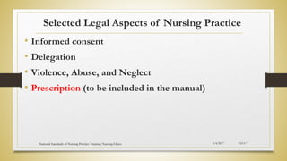 Selected Legal Aspects of Nursing Practice
• Informed consent
• Delegation
• Violence, Abuse, and Neglect
• Prescription (to be included in the manual)
5/4/2017
National Standards of Nursing Practice Training: Nursing Ethics CH-I-*
 