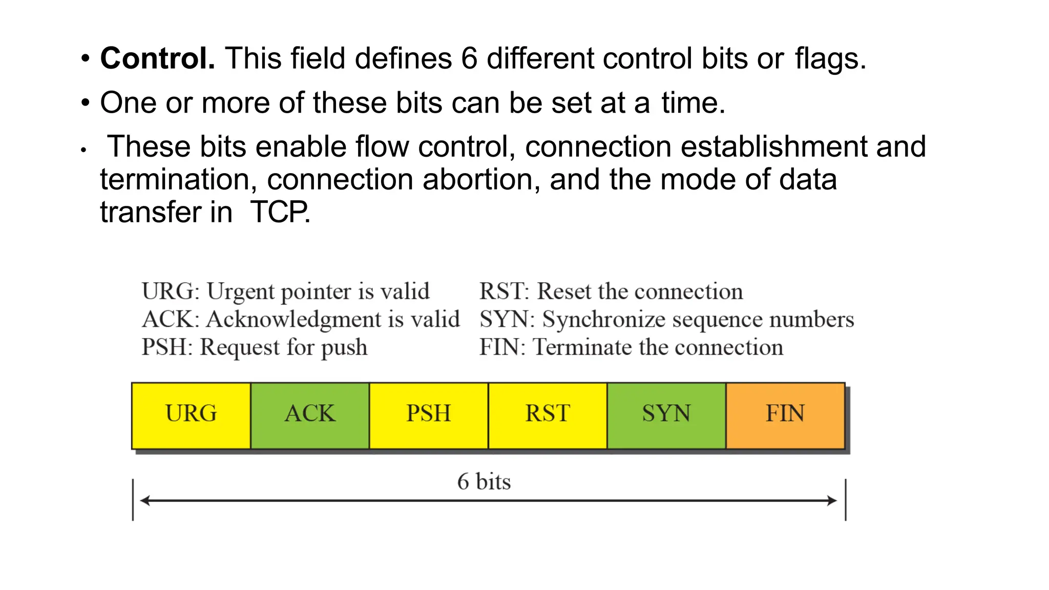 • Control. This field defines 6 different control bits or flags.
• One or more of these bits can be set at a time.
• These bits enable flow control, connection establishment and
termination, connection abortion, and the mode of data
transfer in TCP.
 