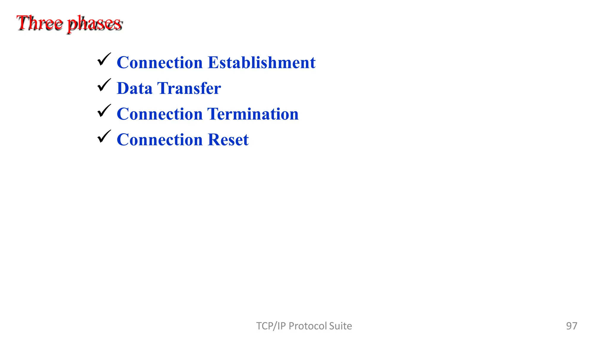  Connection Establishment
 Data Transfer
 Connection Termination
 Connection Reset
Three phases
97
TCP/IP Protocol Suite
 