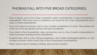 PHOBIAS FALL INTO FIVE BROAD CATEGORIES:
• Fears of animals, such as fear of dogs (cynophobia), spiders (arachnophobia), or bugs (insectophobia or
entomophobia). These fears, known as zoophobias, also include the fear of bats (chiroptophobia) and of
snakes or lizards (herpetophobia).
• Fears of the natural environment, such as a fear of heights (acrophobia) or of storms. These phobias also
include fear of fire (pyrophobia) and fear of the dark (nyctophobia).
• Fears related to blood (hemophobia), injury, and injection, such as a fear of needles (trypanophobia) or
medical procedures including dentistry (dentophobia).
• Situational fears, such as a fear of flying (aerophobia), a fear of public speaking(glossophobia), or a fear
of riding in elevators, which is itself a type of fear of closed spaces (claustrophobia).
• Others, such as a fear of vomiting or choking, when you face a situation
 