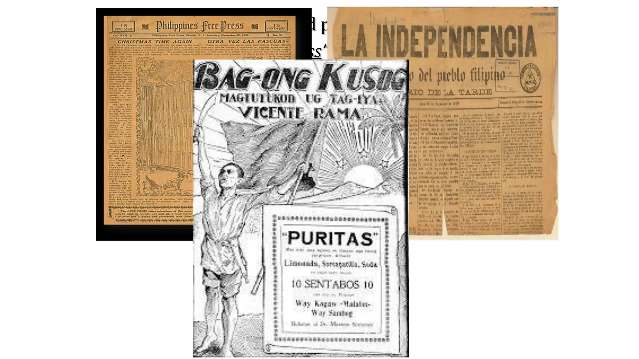 Newspapers that included political cartoons:
• “The Philippine Free Press” (featured investigative
articles regarding country’s development)
• “The Independent” (forum for the discussion of
political issues in the country weekly)
• “Bag-Ong Kusog” (highlighted the conditions in
Cebu prior to WW2 and differences of Spanish and
American colonization)
 