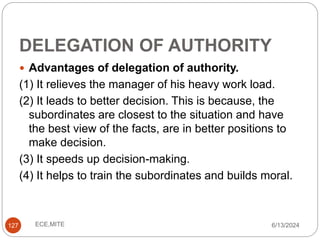 DELEGATION OF AUTHORITY
127
 Advantages of delegation of authority.
(1) It relieves the manager of his heavy work load.
(2) It leads to better decision. This is because, the
subordinates are closest to the situation and have
the best view of the facts, are in better positions to
make decision.
(3) It speeds up decision-making.
(4) It helps to train the subordinates and builds moral.
6/13/2024
ECE,MITE
 