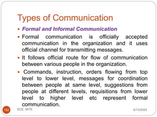Types of Communication
6/13/2024
ECE, MITE
152
 Formal and Informal Communication
 Formal communication is officially accepted
communication in the organization and it uses
official channel for transmitting messages.
 It follows official route for flow of communication
between various people in the organization.
 Commands, instruction, orders flowing from top
level to lower level, messages for coordination
between people at same level, suggestions from
people at different levels, requisitions from lower
level to higher level etc represent formal
communication.
 