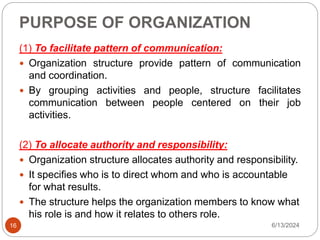 PURPOSE OF ORGANIZATION
16
(1) To facilitate pattern of communication:
 Organization structure provide pattern of communication
and coordination.
 By grouping activities and people, structure facilitates
communication between people centered on their job
activities.
(2) To allocate authority and responsibility:
 Organization structure allocates authority and responsibility.
 It specifies who is to direct whom and who is accountable
for what results.
 The structure helps the organization members to know what
his role is and how it relates to others role.
6/13/2024
 