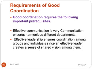 Requirements of Good
Coordination
6/13/2024
ECE, MITE
163
 Good coordination requires the following
important prerequisites.
 Effective communication is very Communication
ensures harmonious different departments.
 Effective leadership ensures coordination among
groups and individuals since an effective leader
creates a sense of shared vision among them.
 