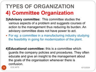 TYPES OF ORGANIZATION
4) Committee Organization
74
3)Advisory committee: This committee studies the
various aspects of a problem and suggests courses of
action to the management thus reducing its burden. An
advisory committee does not have power to act.
 For eg: a committee in a manufacturing industry studying
the feasibility in going for modernization of the plant.
4)Educational committee: this is a committee which
guards the company policies and procedures. They often
educate and give an insight to the management about
the goals of the organisation whenever there is
confusion.
6/13/2024
ECE,MITE
 