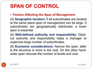 SPAN OF CONTROL
6/13/2024
ECE,MITE
87
 Factors Affecting the Span of Management
(4) Geographic location: If all subordinates are located
at the same place span of management can be large. If
subordinates are geographically distributed, a lower
span is essential.
(5) Well-defined authority and responsibility: Clear-
cut authority and responsibility helps a manager to
supervise large number of subordinates.
(6) Economic considerations: Narrow the span, taller
is the structure is more is the cost. On the other hand,
wider span reduces the number of levels and cost.
 