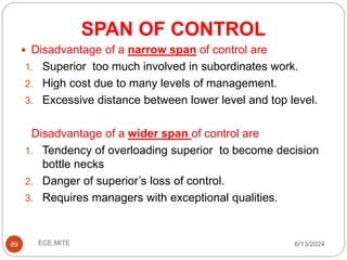 SPAN OF CONTROL
89
 Disadvantage of a narrow span of control are
1. Superior too much involved in subordinates work.
2. High cost due to many levels of management.
3. Excessive distance between lower level and top level.
Disadvantage of a wider span of control are
1. Tendency of overloading superior to become decision
bottle necks
2. Danger of superior’s loss of control.
3. Requires managers with exceptional qualities.
6/13/2024
ECE,MITE
 