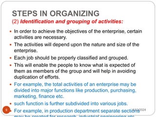 STEPS IN ORGANIZING
(2) Identification and grouping of activities:
9
 In order to achieve the objectives of the enterprise, certain
activities are necessary.
 The activities will depend upon the nature and size of the
enterprise.
 Each job should be properly classified and grouped.
 This will enable the people to know what is expected of
them as members of the group and will help in avoiding
duplication of efforts.
 For example, the total activities of an enterprise may be
divided into major functions like production, purchasing,
marketing, finance etc.
 such function is further subdivided into various jobs.
 For example, in production department separate sections
6/13/2024
 