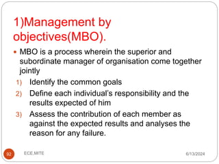 1)Management by
objectives(MBO).
92
 MBO is a process wherein the superior and
subordinate manager of organisation come together
jointly
1) Identify the common goals
2) Define each individual’s responsibility and the
results expected of him
3) Assess the contribution of each member as
against the expected results and analyses the
reason for any failure.
6/13/2024
ECE,MITE
 