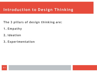 Introduction to Design Thinking
The 3 pillars of design thinking are:
1. Empathy
2. Ideation
3. Experimentation
11
 