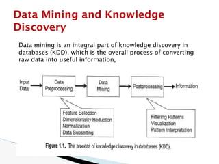 Data Mining and Knowledge
Discovery
Data mining is an integral part of knowledge discovery in
databases (KDD), which is the overall process of converting
raw data into useful information,
 