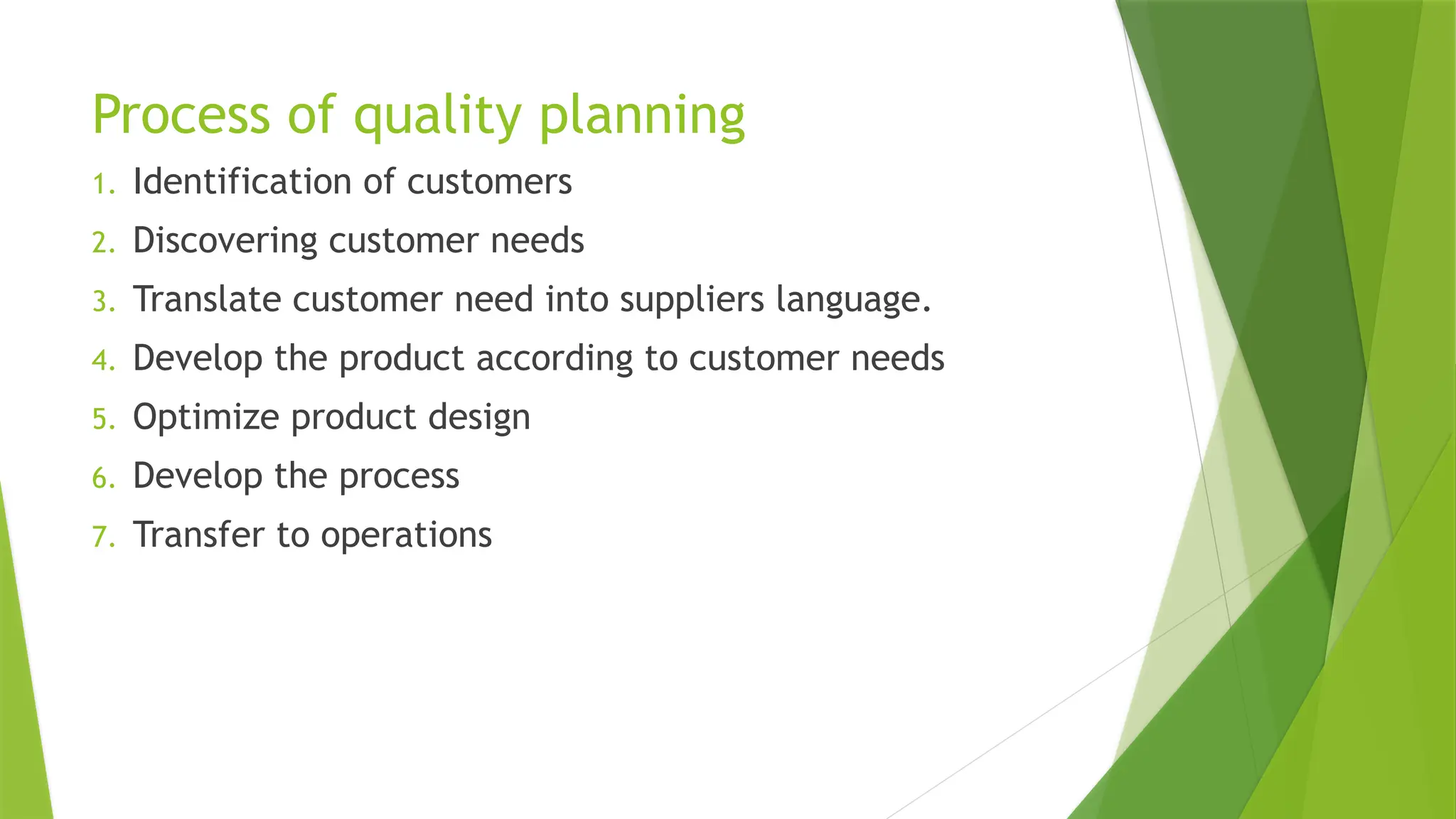 Process of quality planning
1. Identification of customers
2. Discovering customer needs
3. Translate customer need into suppliers language.
4. Develop the product according to customer needs
5. Optimize product design
6. Develop the process
7. Transfer to operations
 