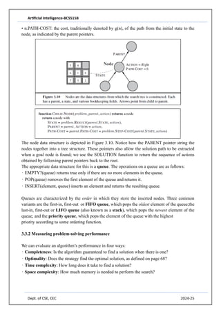 Artificial Intelligence-BCS515B
Dept. of CSE, CEC 2024-25
• n.PATH-COST: the cost, traditionally denoted by g(n), of the path from the initial state to the
node, as indicated by the parent pointers.
The node data structure is depicted in Figure 3.10. Notice how the PARENT pointer string the
nodes together into a tree structure. These pointers also allow the solution path to be extracted
when a goal node is found; we use the SOLUTION function to return the sequence of actions
obtained by following parent pointers back to the root.
The appropriate data structure for this is a queue. The operations on a queue are as follows:
• EMPTY?(queue) returns true only if there are no more elements in the queue.
• POP(queue) removes the first element of the queue and returns it.
• INSERT(element, queue) inserts an element and returns the resulting queue.
Queues are characterized by the order in which they store the inserted nodes. Three common
variants are the first-in, first-out or FIFO queue, which pops the oldest element of the queue;the
last-in, first-out or LIFO queue (also known as a stack), which pops the newest element of the
queue; and the priority queue, which pops the element of the queue with the highest
priority according to some ordering function.
3.3.2 Measuring problem-solving performance
We can evaluate an algorithm’s performance in four ways:
• Completeness: Is the algorithm guaranteed to find a solution when there is one?
• Optimality: Does the strategy find the optimal solution, as defined on page 68?
• Time complexity: How long does it take to find a solution?
• Space complexity: How much memory is needed to perform the search?
 