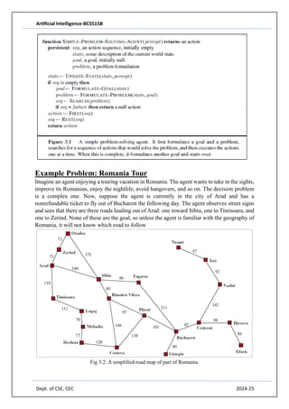 Artificial Intelligence-BCS515B
Dept. of CSE, CEC 2024-25
Example Problem: Romania Tour
Imagine an agent enjoying a touring vacation in Romania. The agent wants to take in the sights,
improve its Romanian, enjoy the nightlife, avoid hangovers, and so on. The decision problem
is a complex one. Now, suppose the agent is currently in the city of Arad and has a
nonrefundable ticket to fly out of Bucharest the following day. The agent observes street signs
and sees that there are three roads leading out of Arad: one toward Sibiu, one to Timisoara, and
one to Zerind. None of these are the goal, so unless the agent is familiar with the geography of
Romania, it will not know which road to follow
Fig 3.2: A simplified road map of part of Romania.
 
