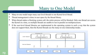 72
Many to One Model
 Many-to-one model maps many user level threads to one Kernel-level thread.
 Thread management is done in user space by the thread library.
 When thread makes a blocking system call, the entire process will be blocked. Only one thread can access
the Kernel at a time, so multiple threads are unable to run in parallel on multiprocessors.
 If the user-level thread libraries are implemented in the operating system in such a way that the system
does not support them, then the Kernel threads use the many-to-one relationship modes.
 