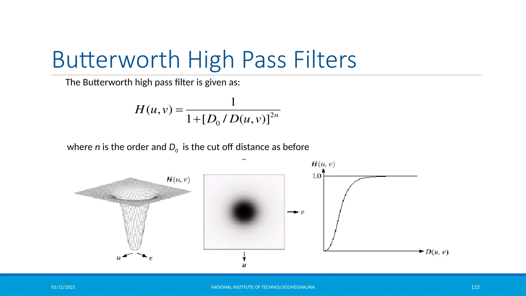 01/12/2025 NATIONAL INSTITUTE OF TECHNOLOGY,MEGHALAYA 115
The Butterworth high pass filter is given as:
where n is the order and D0 is the cut off distance as before
Butterworth High Pass Filters
 