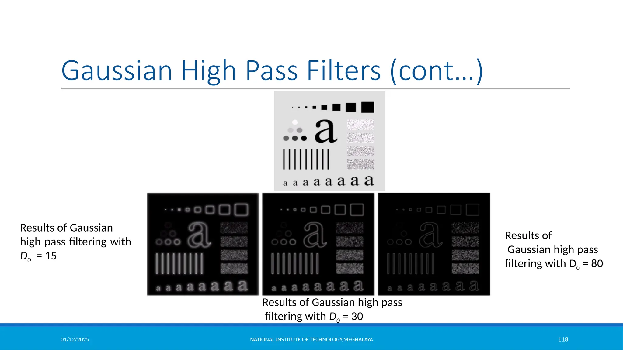 01/12/2025 NATIONAL INSTITUTE OF TECHNOLOGY,MEGHALAYA 118
Results of Gaussian
high pass filtering with
D0 = 15
Results of
Gaussian high pass
filtering with D0 = 80
Results of Gaussian high pass
filtering with D0 = 30
Gaussian High Pass Filters (cont…)
 