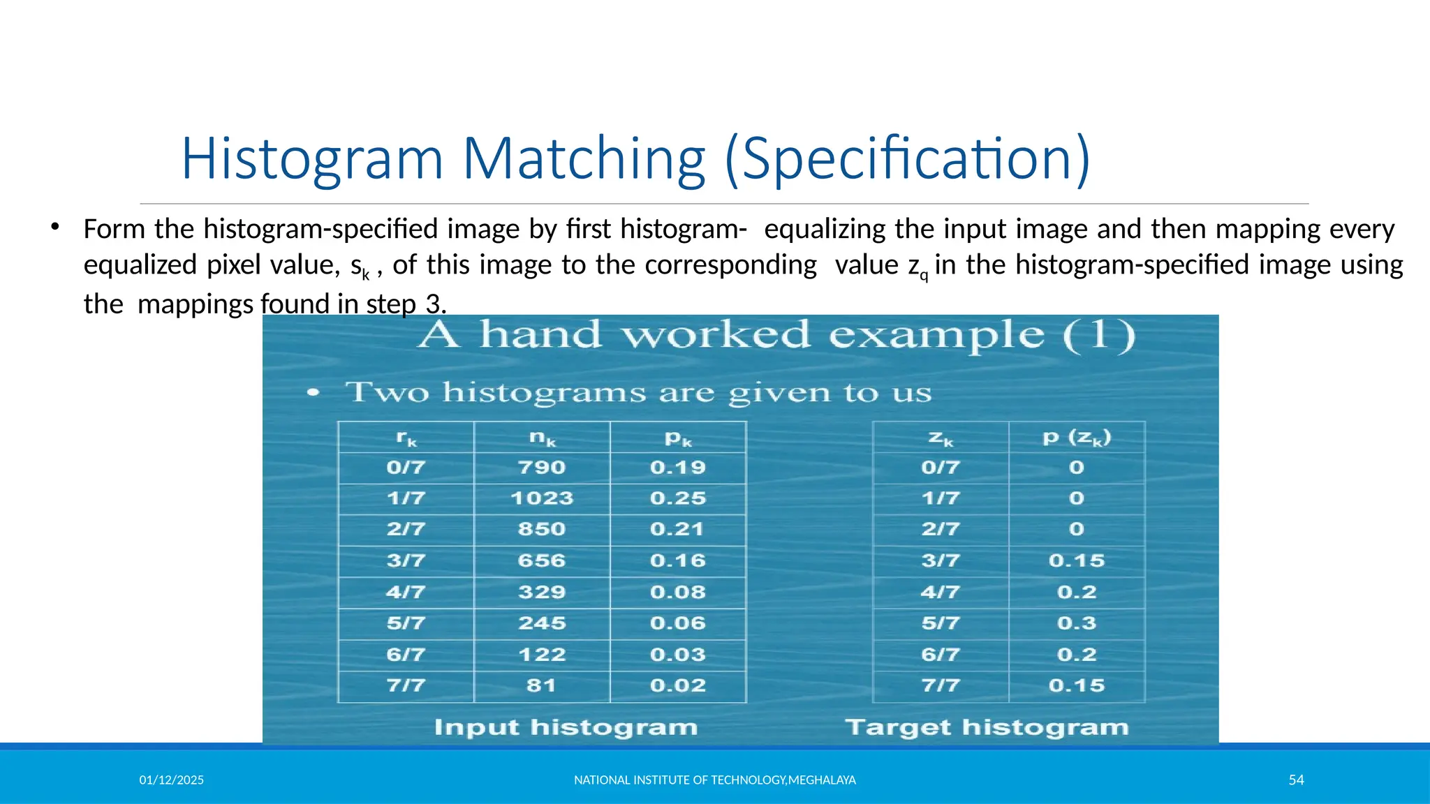 01/12/2025 NATIONAL INSTITUTE OF TECHNOLOGY,MEGHALAYA 54
• Form the histogram-specified image by first histogram- equalizing the input image and then mapping every
equalized pixel value, sk , of this image to the corresponding value zq in the histogram-specified image using
the mappings found in step 3.
Histogram Matching (Specification)
 