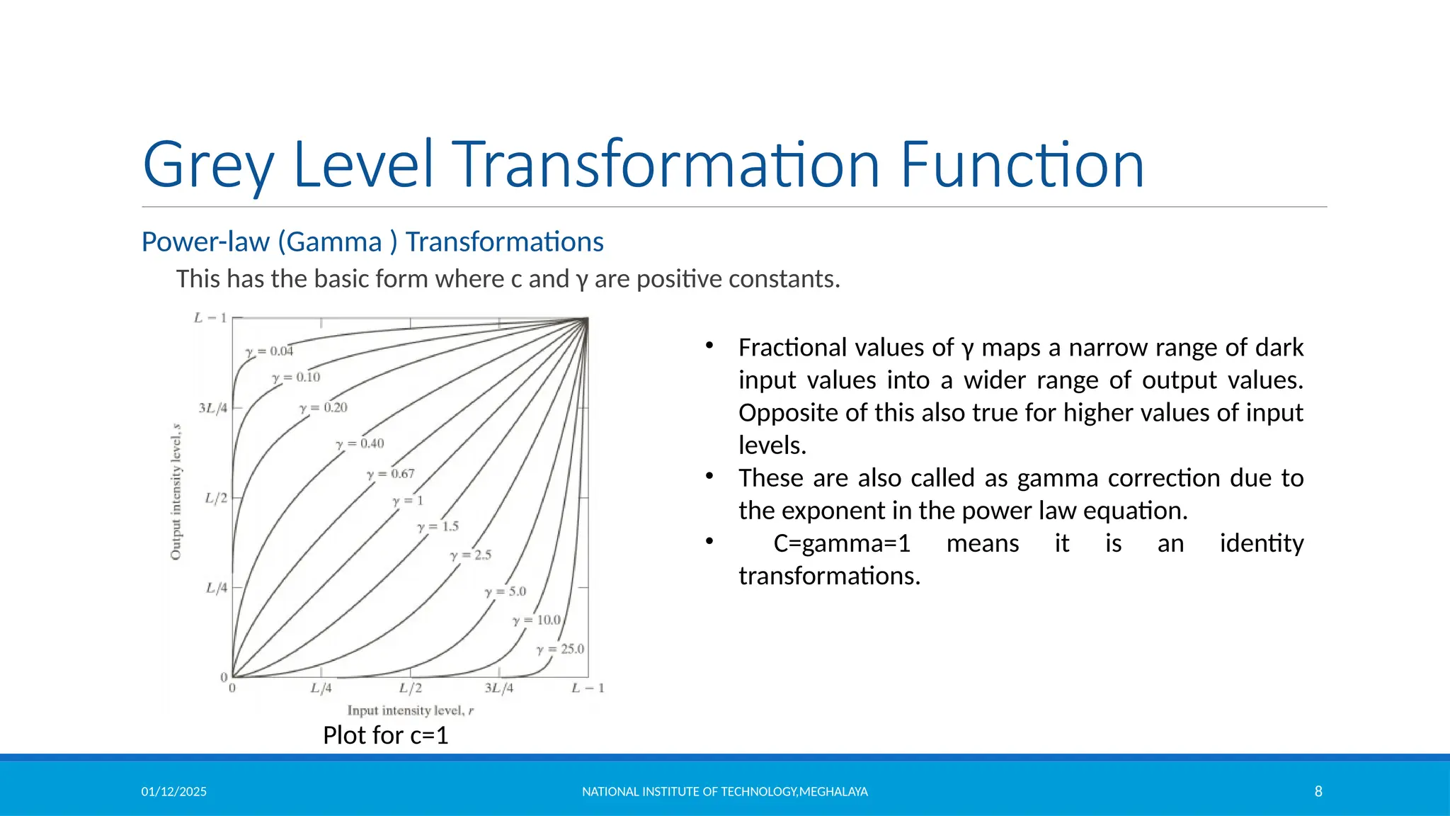 01/12/2025 NATIONAL INSTITUTE OF TECHNOLOGY,MEGHALAYA 8
Grey Level Transformation Function
Power-law (Gamma ) Transformations
This has the basic form where c and γ are positive constants.
Plot for c=1
• Fractional values of γ maps a narrow range of dark
input values into a wider range of output values.
Opposite of this also true for higher values of input
levels.
• These are also called as gamma correction due to
the exponent in the power law equation.
• C=gamma=1 means it is an identity
transformations.
 