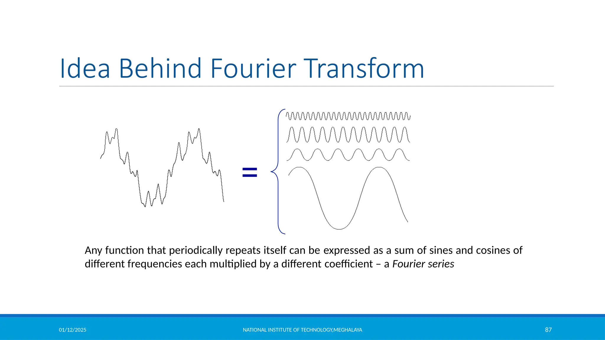 01/12/2025 NATIONAL INSTITUTE OF TECHNOLOGY,MEGHALAYA 87
Idea Behind Fourier Transform
=
Any function that periodically repeats itself can be expressed as a sum of sines and cosines of
different frequencies each multiplied by a different coefficient – a Fourier series
 