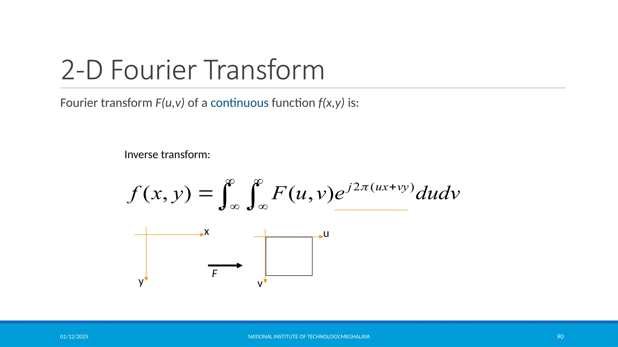 01/12/2025 NATIONAL INSTITUTE OF TECHNOLOGY,MEGHALAYA 90
2-D Fourier Transform
Fourier transform F(u,v) of a continuous function f(x,y) is:
 







 dudv
e
v
u
F
y
x
f vy
ux
j )
(
2
)
,
(
)
,
( 
Inverse transform:
x
y
u
v
F
 