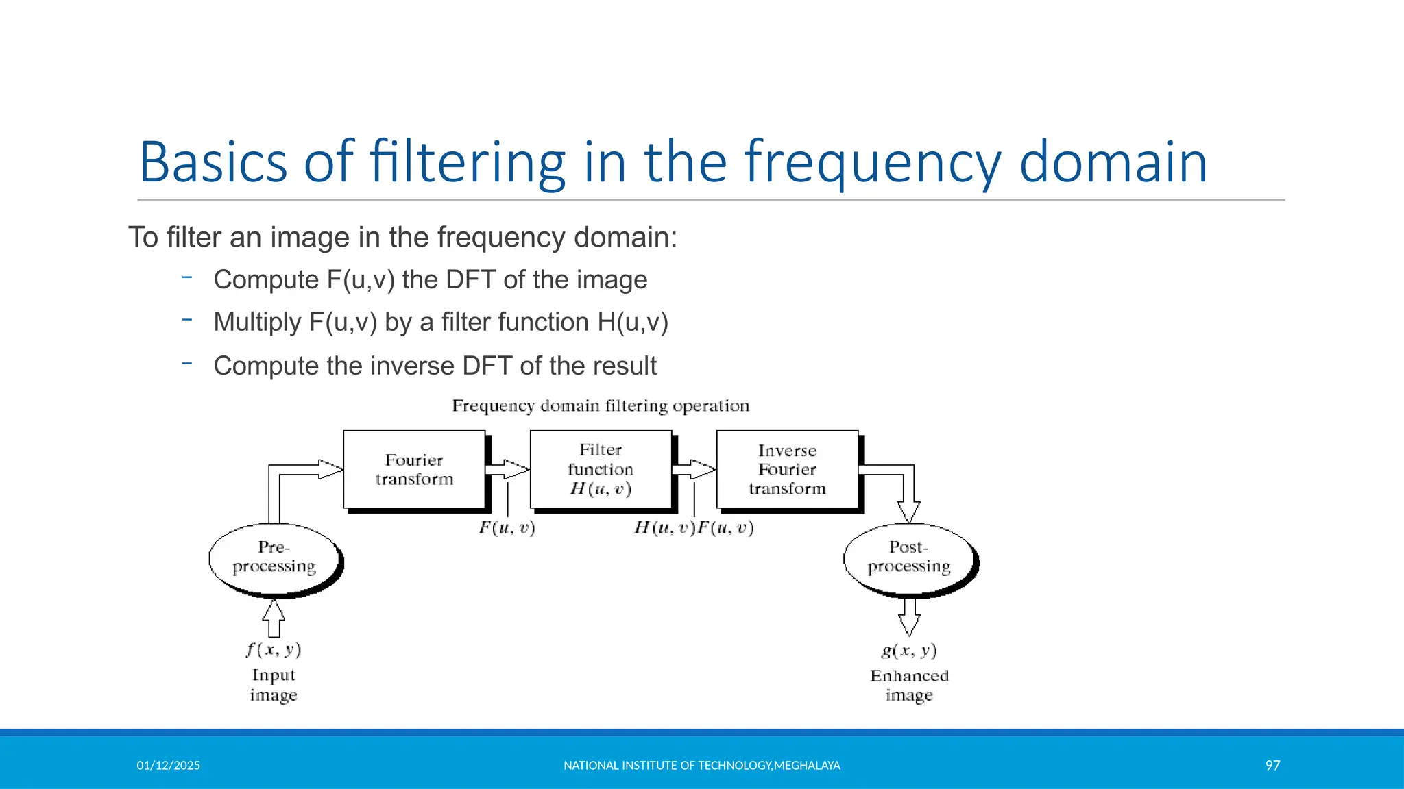 01/12/2025 NATIONAL INSTITUTE OF TECHNOLOGY,MEGHALAYA 97
Basics of filtering in the frequency domain
To filter an image in the frequency domain:
– Compute F(u,v) the DFT of the image
– Multiply F(u,v) by a filter function H(u,v)
– Compute the inverse DFT of the result
 