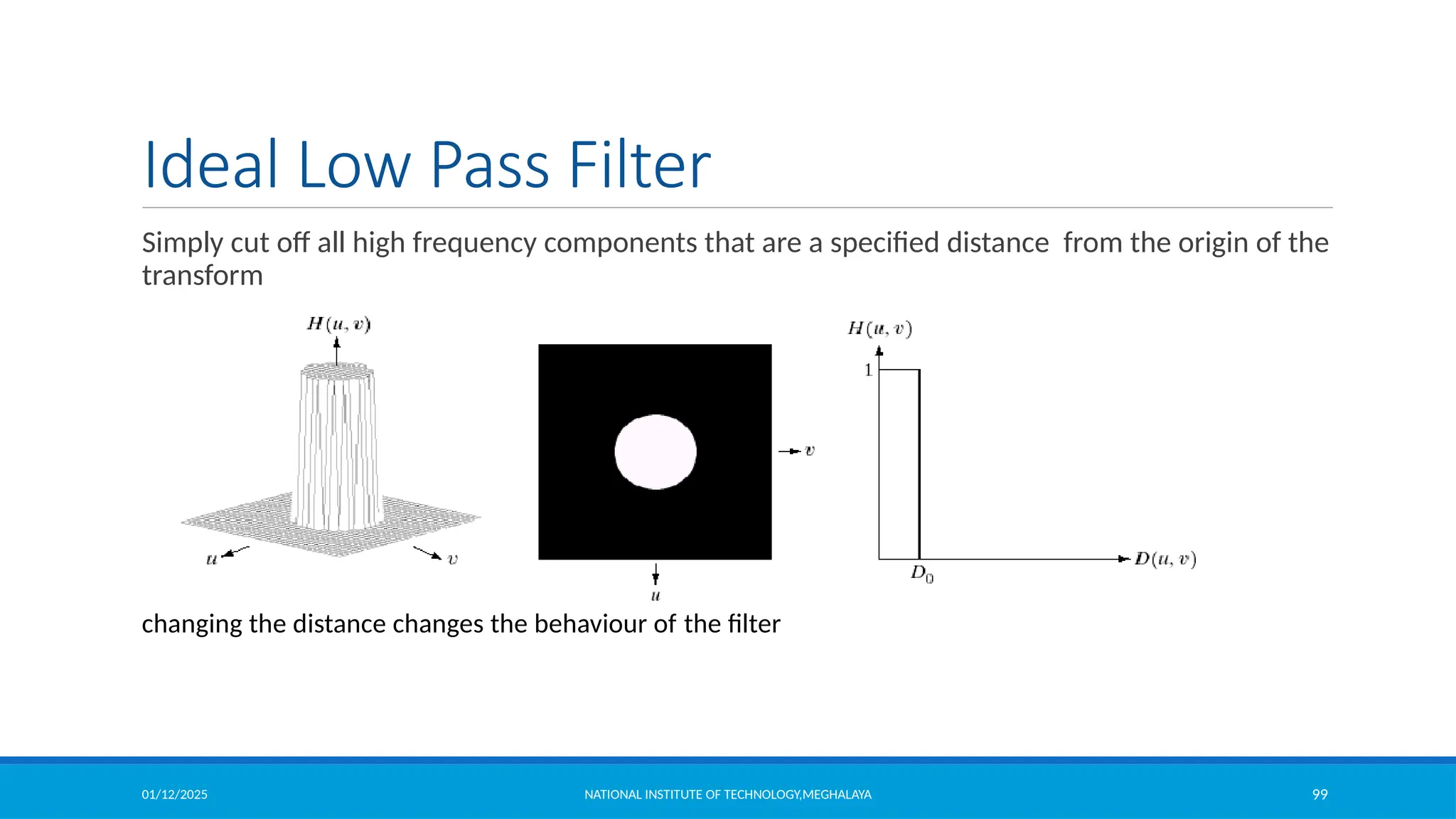 01/12/2025 NATIONAL INSTITUTE OF TECHNOLOGY,MEGHALAYA 99
Ideal Low Pass Filter
Simply cut off all high frequency components that are a specified distance from the origin of the
transform
changing the distance changes the behaviour of the filter
 