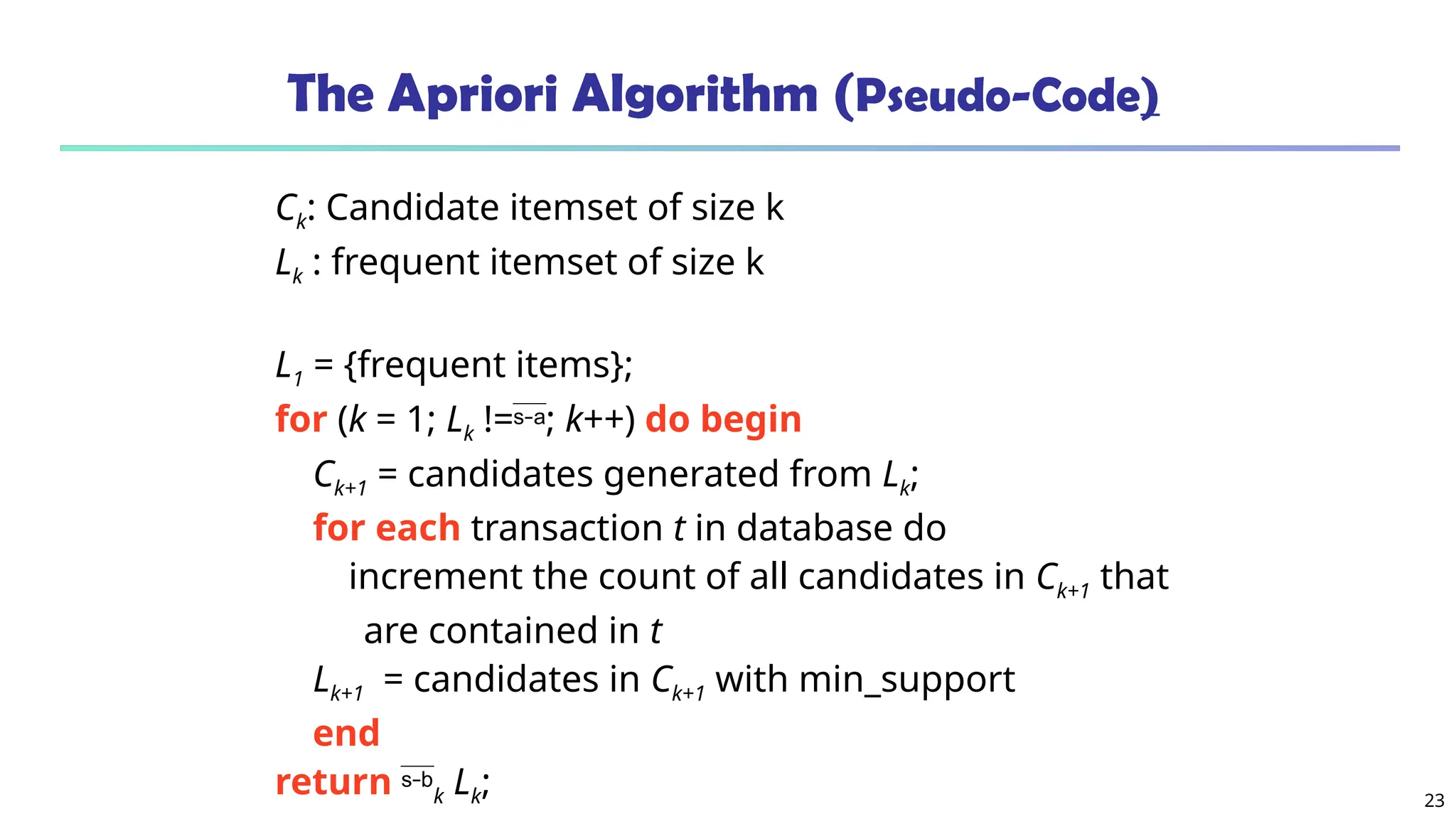 23
The Apriori Algorithm (Pseudo-Code)
Ck: Candidate itemset of size k
Lk : frequent itemset of size k
L1 = {frequent items};
for (k = 1; Lk !=; k++) do begin
Ck+1 = candidates generated from Lk;
for each transaction t in database do
increment the count of all candidates in Ck+1 that
are contained in t
Lk+1 = candidates in Ck+1 with min_support
end
return k Lk;
 