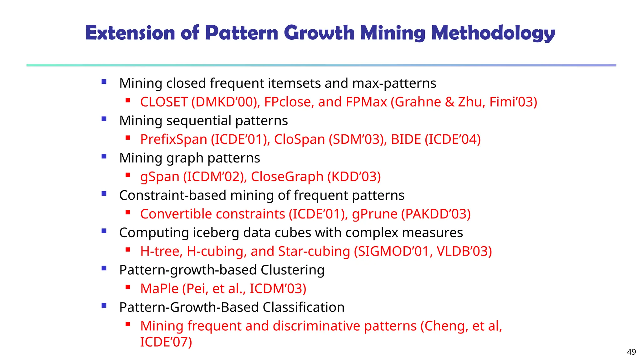 49
Extension of Pattern Growth Mining Methodology
 Mining closed frequent itemsets and max-patterns
 CLOSET (DMKD’00), FPclose, and FPMax (Grahne & Zhu, Fimi’03)
 Mining sequential patterns
 PrefixSpan (ICDE’01), CloSpan (SDM’03), BIDE (ICDE’04)
 Mining graph patterns
 gSpan (ICDM’02), CloseGraph (KDD’03)
 Constraint-based mining of frequent patterns
 Convertible constraints (ICDE’01), gPrune (PAKDD’03)
 Computing iceberg data cubes with complex measures
 H-tree, H-cubing, and Star-cubing (SIGMOD’01, VLDB’03)
 Pattern-growth-based Clustering
 MaPle (Pei, et al., ICDM’03)
 Pattern-Growth-Based Classification
 Mining frequent and discriminative patterns (Cheng, et al,
ICDE’07)
 