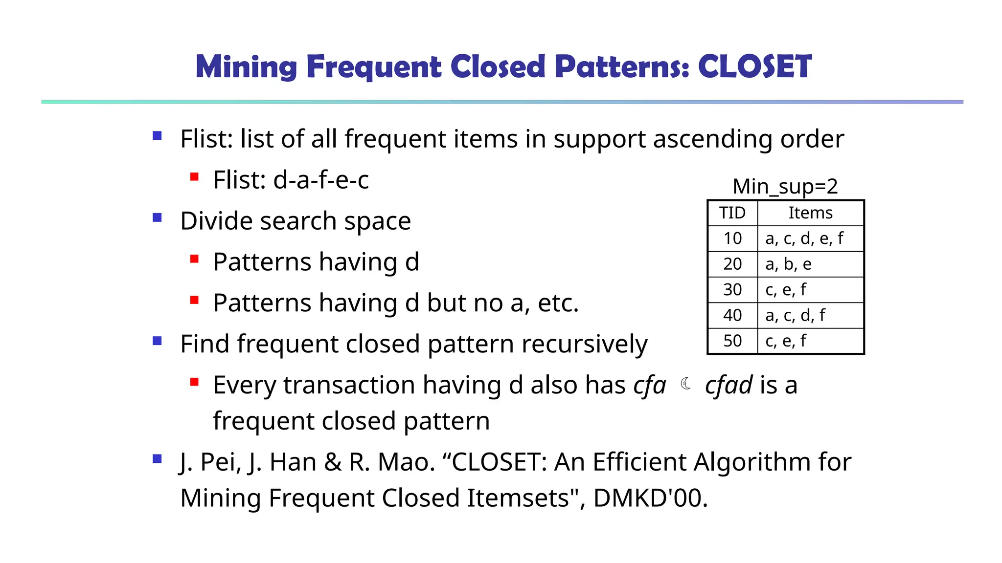 Mining Frequent Closed Patterns: CLOSET
 Flist: list of all frequent items in support ascending order
 Flist: d-a-f-e-c
 Divide search space
 Patterns having d
 Patterns having d but no a, etc.
 Find frequent closed pattern recursively
 Every transaction having d also has cfa  cfad is a
frequent closed pattern
 J. Pei, J. Han & R. Mao. “CLOSET: An Efficient Algorithm for
Mining Frequent Closed Itemsets", DMKD'00.
TID Items
10 a, c, d, e, f
20 a, b, e
30 c, e, f
40 a, c, d, f
50 c, e, f
Min_sup=2
 