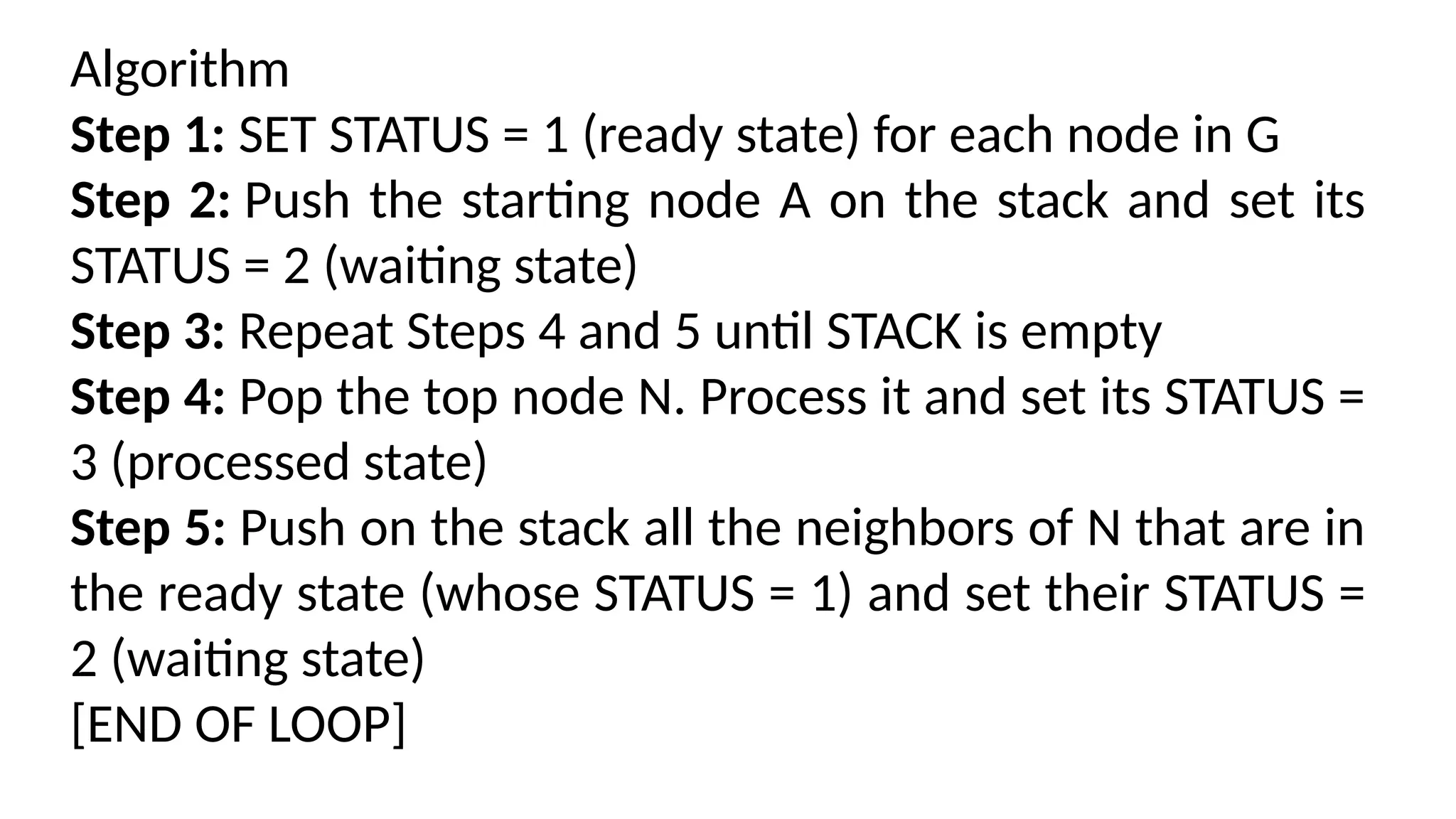 Algorithm
Step 1: SET STATUS = 1 (ready state) for each node in G
Step 2: Push the starting node A on the stack and set its
STATUS = 2 (waiting state)
Step 3: Repeat Steps 4 and 5 until STACK is empty
Step 4: Pop the top node N. Process it and set its STATUS =
3 (processed state)
Step 5: Push on the stack all the neighbors of N that are in
the ready state (whose STATUS = 1) and set their STATUS =
2 (waiting state)
[END OF LOOP]
 
