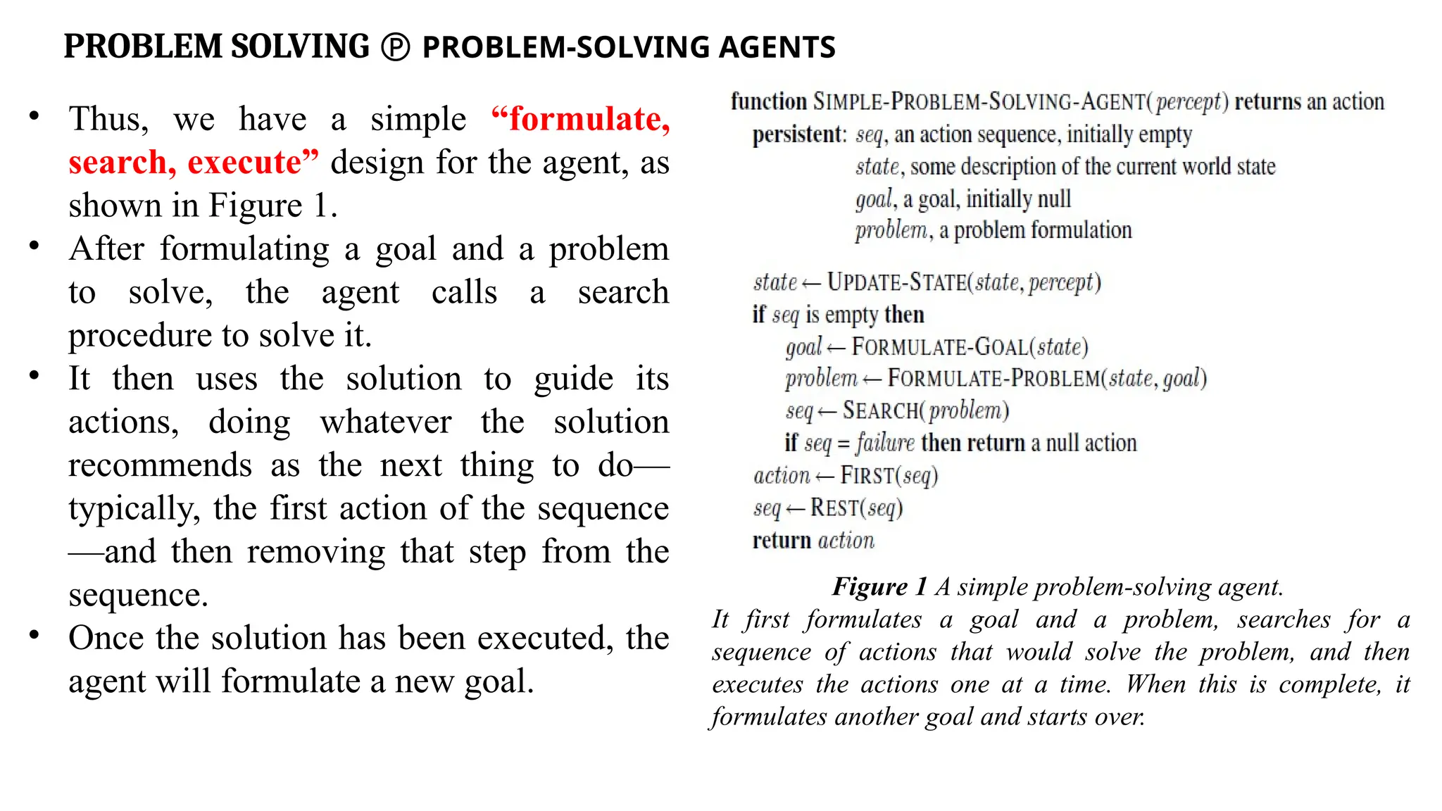 PROBLEM SOLVING  PROBLEM-SOLVING AGENTS
• Thus, we have a simple “formulate,
search, execute” design for the agent, as
shown in Figure 1.
• After formulating a goal and a problem
to solve, the agent calls a search
procedure to solve it.
• It then uses the solution to guide its
actions, doing whatever the solution
recommends as the next thing to do—
typically, the first action of the sequence
—and then removing that step from the
sequence.
• Once the solution has been executed, the
agent will formulate a new goal.
Figure 1 A simple problem-solving agent.
It first formulates a goal and a problem, searches for a
sequence of actions that would solve the problem, and then
executes the actions one at a time. When this is complete, it
formulates another goal and starts over.
 