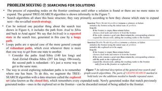PROBLEM SOLVING  SEARCHING FOR SOLUTIONS
• The process of expanding nodes on the frontier continues until either a solution is found or there are no more states to
expand. The general TREE-SEARCH algorithm is shown informally in the Figure 7.
• Search algorithms all share this basic structure; they vary primarily according to how they choose which state to expand
next—the so-called search strategy.
Figure 7 An informal description of the general tree-search and
graph-search algorithms. The parts of GRAPH-SEARCH marked in
bold italic are the additions needed to handle repeated states.
• Can be noticed one peculiar thing about the search tree
shown in Figure 6, it includes the path from Arad to Sibiu
and back to Arad again! We say that In(Arad) is a repeated
state in the search tree, generated in this case by a loopy
path.
• Loopy paths are a special case of the more general concept
of redundant paths, which exist whenever there is more
than one way to get from one state to another.
o Consider the paths Arad–Sibiu (140 km long) and
Arad–Zerind–Oradea–Sibiu (297 km long). Obviously,
the second path is redundant—it’s just a worse way to
get to the same state.
• The way to avoid exploring redundant paths is to remember
where one has been. To do this, we augment the TREE-
SEARCH algorithm with a data structure called the explored
set (also known as the closed list), which remembers every expanded node. Newly generated nodes that match previously
generated nodes—ones in the explored set or the frontier—can be discarded instead of being added to the frontier.
 