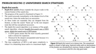 PROBLEM SOLVING  UNINFORMED SEARCH STRATEGIES
Depth-first search:
• Depth-first search always expands the deepest node in the
current frontier of the search tree.
• The progress of the search is illustrated in Figure 13.
• The search proceeds immediately to the deepest level of the
search tree, where the nodes have no successors.
• As those nodes are expanded, they are dropped from the
frontier, so then the search “backs up” to the next deepest
node that still has unexplored successors.
• The depth-first search algorithm is an instance of the graph-
search algorithm; whereas breadth-first-search uses a FIFO
queue, depth-first search uses a LIFO queue.
o A LIFO queue means that the most recently generated
node is chosen for expansion.
o Thismust be the deepest unexpanded node because it is
one deeper than its parent.
• The time complexity of DFS is and space complexity is
where b is a branching factor and m is a maximum depth.
Figure 13 Depth-first search on a binary tree. The unexplored
region is shown in light gray. Explored nodes with no descendants
in the frontier are removed from memory. Nodes at depth 3 have
no successors and M is the only goal node.
 