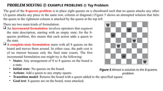 PROBLEM SOLVING  EXAMPLE PROBLEMS  Toy Problem
The goal of the 8-queens problem is to place eight queens on a chessboard such that no queen attacks any other.
(A queen attacks any piece in the same row, column or diagonal.) Figure 5 shows an attempted solution that fails:
the queen in the rightmost column is attacked by the queen at the top left.
Figure 5 Almost a solution to the 8-queens
problem.
There are two main kinds of formulation:
 An incremental formulation involves operators that augment
the state description, starting with an empty state; for the 8-
queens problem, this means that each action adds a queen to
the state.
 A complete-state formulation starts with all 8 queens on the
board and moves them around. In either case, the path cost is
of no interest because only the final state counts. The first
incremental formulation one might try is the following:
• States: Any arrangement of 0 to 8 queens on the board is
a state.
• Initial state: No queens on the board.
• Actions: Add a queen to any empty square.
• Transition model: Returns the board with a queen added to the specified square.
• Goal test: 8 queens are on the board, none attacked.
 