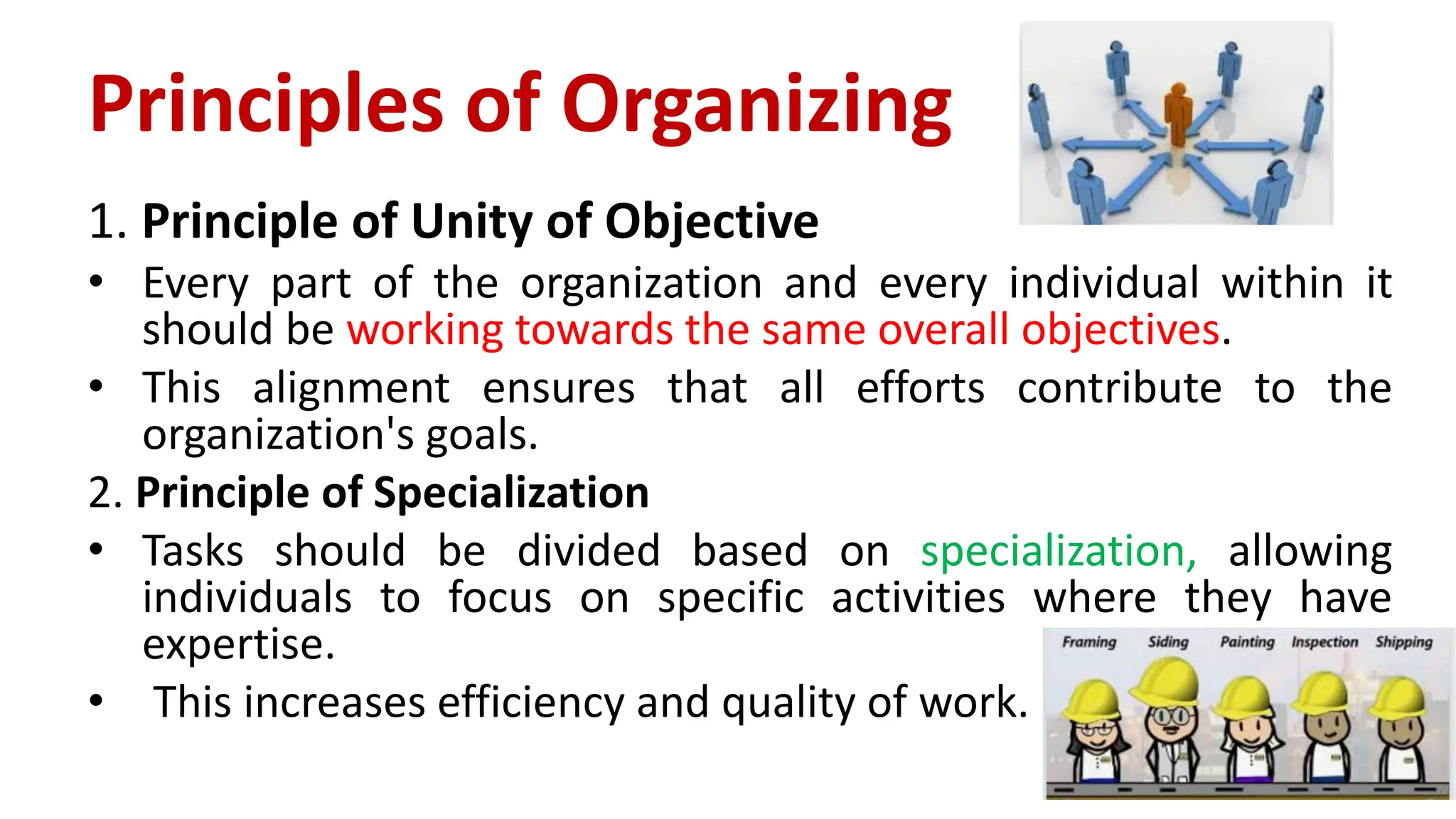 1. Principle of Unity of Objective
• Every part of the organization and every individual within it
should be working towards the same overall objectives.
• This alignment ensures that all efforts contribute to the
organization's goals.
2. Principle of Specialization
• Tasks should be divided based on specialization, allowing
individuals to focus on specific activities where they have
expertise.
• This increases efficiency and quality of work.
Principles of Organizing
 