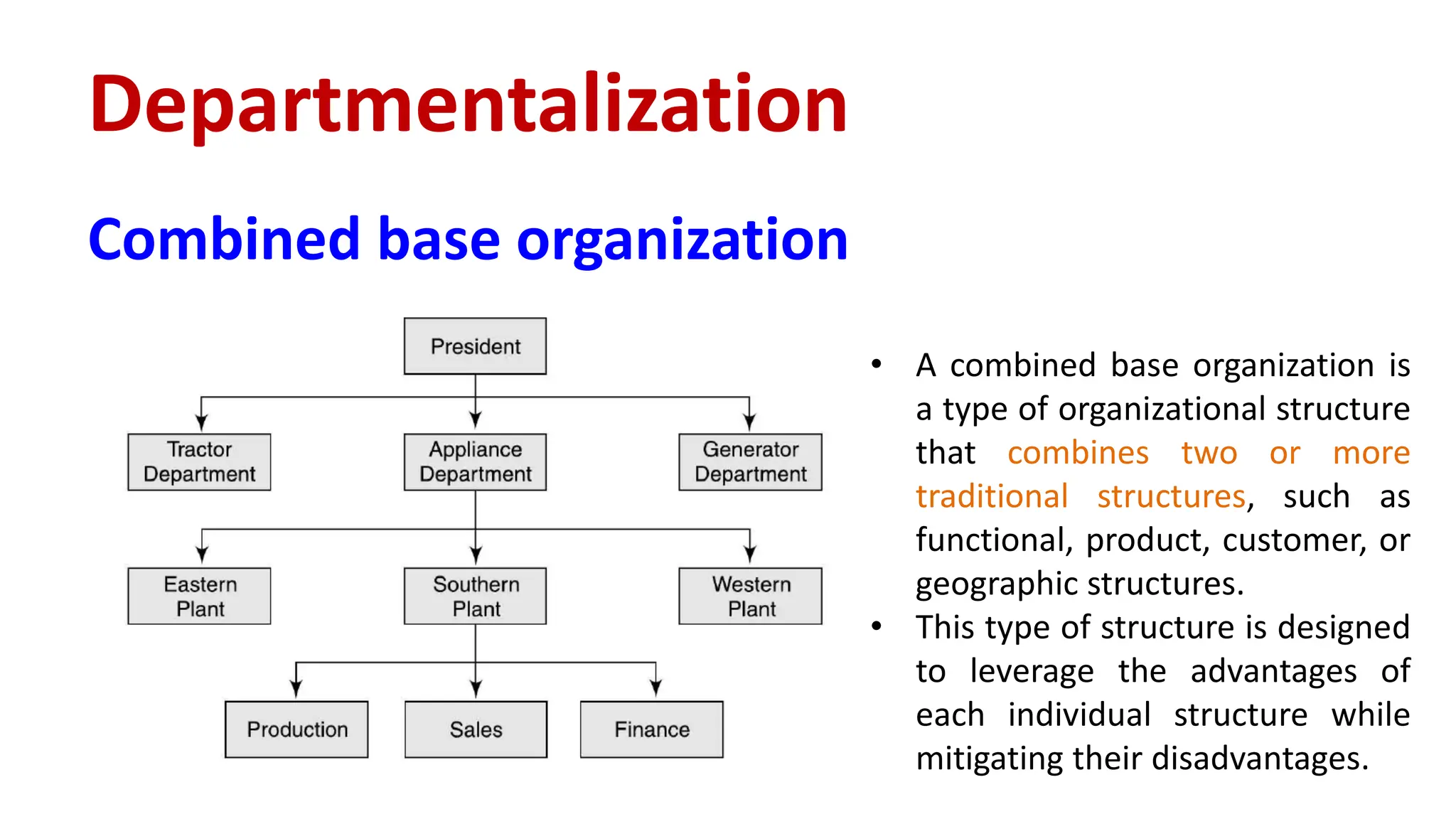 Combined base organization
Departmentalization
• A combined base organization is
a type of organizational structure
that combines two or more
traditional structures, such as
functional, product, customer, or
geographic structures.
• This type of structure is designed
to leverage the advantages of
each individual structure while
mitigating their disadvantages.
 
