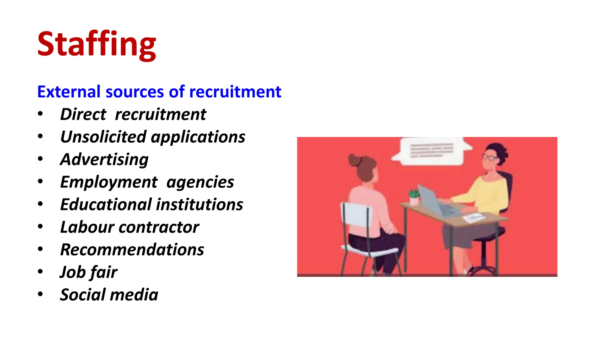 External sources of recruitment
• Direct recruitment
• Unsolicited applications
• Advertising
• Employment agencies
• Educational institutions
• Labour contractor
• Recommendations
• Job fair
• Social media
Staffing
 