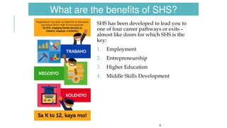 SHS has been developed to lead you to
one of four career pathways or exits –
almost like doors for which SHS is the
key:
1. Employment
2. Entrepreneurship
3. Higher Education
4. Middle Skills Development
20
What are the benefits of SHS?
 
