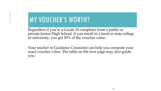 MY VOUCHER’S WORTH?
Regardless if you’re a Grade 10 completer from a public or
private Junior High School, if you enroll in a local or state college
or university, you get 50% of the voucher value.
Your teacher or Guidance Counselor can help you compute your
exact voucher value. The table on the next page may also guide
you.
30
 
