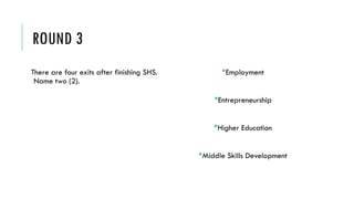ROUND 3
There are four exits after finishing SHS.
Name two (2).
Employment
Entrepreneurship
Higher Education
Middle Skills Development
 