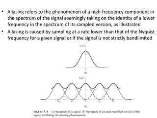 • Aliasing refers to the phenomenon of a high-frequency component in
the spectrum of the signal seemingly taking on the identity of a lower
frequency in the spectrum of its sampled version, as illustrated
• Aliasing is caused by sampling at a rate lower than that of the Nyquist
frequency for a given signal or if the signal is not strictly bandlimited
 