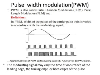 Pulse width modulation(PWM)
• The modulating signal may vary the time of occurrence of the
leading edge, the trailing edge or both edges of the pulse
 