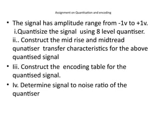 Assignment on Quantisation and encoding
• The signal has amplitude range from -1v to +1v.
i.Quantisize the signal using 8 level quantiser.
ii.. Construct the mid rise and midtread
qunatiser transfer characteristics for the above
quantised signal
• Iii. Construct the encoding table for the
quantised signal.
• Iv. Determine signal to noise ratio of the
quantiser
 
