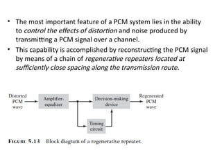 • The most important feature of a PCM system lies in the ability
to control the effects of distortion and noise produced by
transmitting a PCM signal over a channel.
• This capability is accomplished by reconstructing the PCM signal
by means of a chain of regenerative repeaters located at
sufficiently close spacing along the transmission route.
 