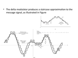 • The delta modulator produces a staircase approximation to the
message signal, as illustrated in Figure
 