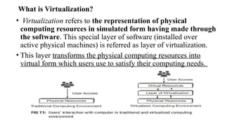 What is Virtualization?
• Virtualization refers to the representation of physical
computing resources in simulated form having made through
the software. This special layer of software (installed over
active physical machines) is referred as layer of virtualization.
• This layer transforms the physical computing resources into
virtual form which users use to satisfy their computing needs.
 