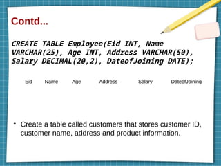 Contd...
CREATE TABLE Employee(Eid INT, Name
VARCHAR(25), Age INT, Address VARCHAR(50),
Salary DECIMAL(20,2), DateofJoining DATE);
●
Create a table called customers that stores customer ID,
customer name, address and product information.
Eid Name Age Address Salary DateofJoining
 